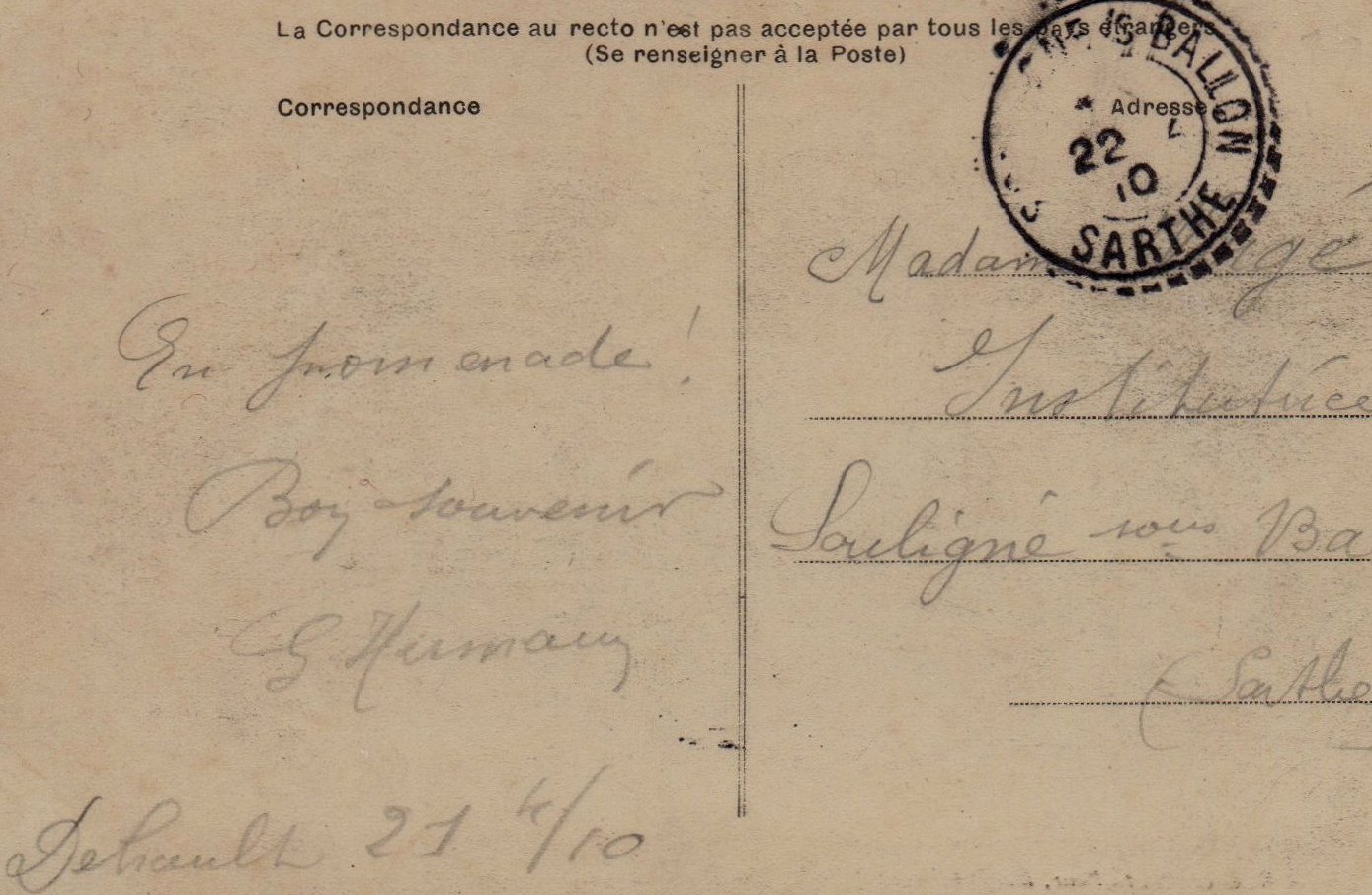 Courrier-Convoyeur Mamers au Mans = Facteur sur Carte Postale de Déhault 1910 